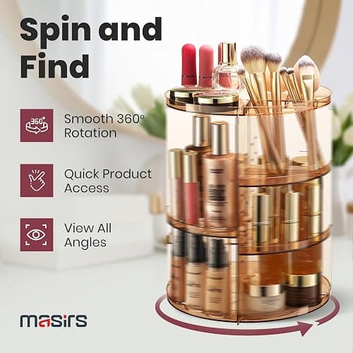 Masirs 360 Rotating Makeup Organizer - Adjustable Shelf Height and Fully Rotatable - The Perfect Round Spinning Cosmetic Organizer for Bedroom Dresser or Vanity Countertop Storage (Brown) thumbnail 4