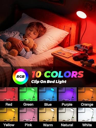 Clip on Light,10 RGB Colors+10 Brightness Clip on Desk Lamp with Clamp, 500 Lumen Bright 72 LED Desk Light, USB Adapter Reading Lights for Books in Bed/Headboard/Bedside Table/Bedroom/Dorm/Home Office thumbnail 3
