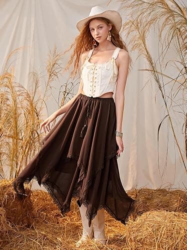 Verdusa Women's Y2k Goth Skirts Western Boho Lace Trim Asymmetrical Country Flowy Long Skirt thumbnail 5