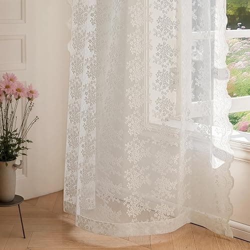 Anmao Vintage White Lace Curtains 45 Inches Long 2 Panels Set, Romantic Elegant Light Filtering Semi Sheer Floral Thick Lacy Curtain Drapes for Living Room and Bedroom, Each Panel 55W x 45L, Off White thumbnail 8