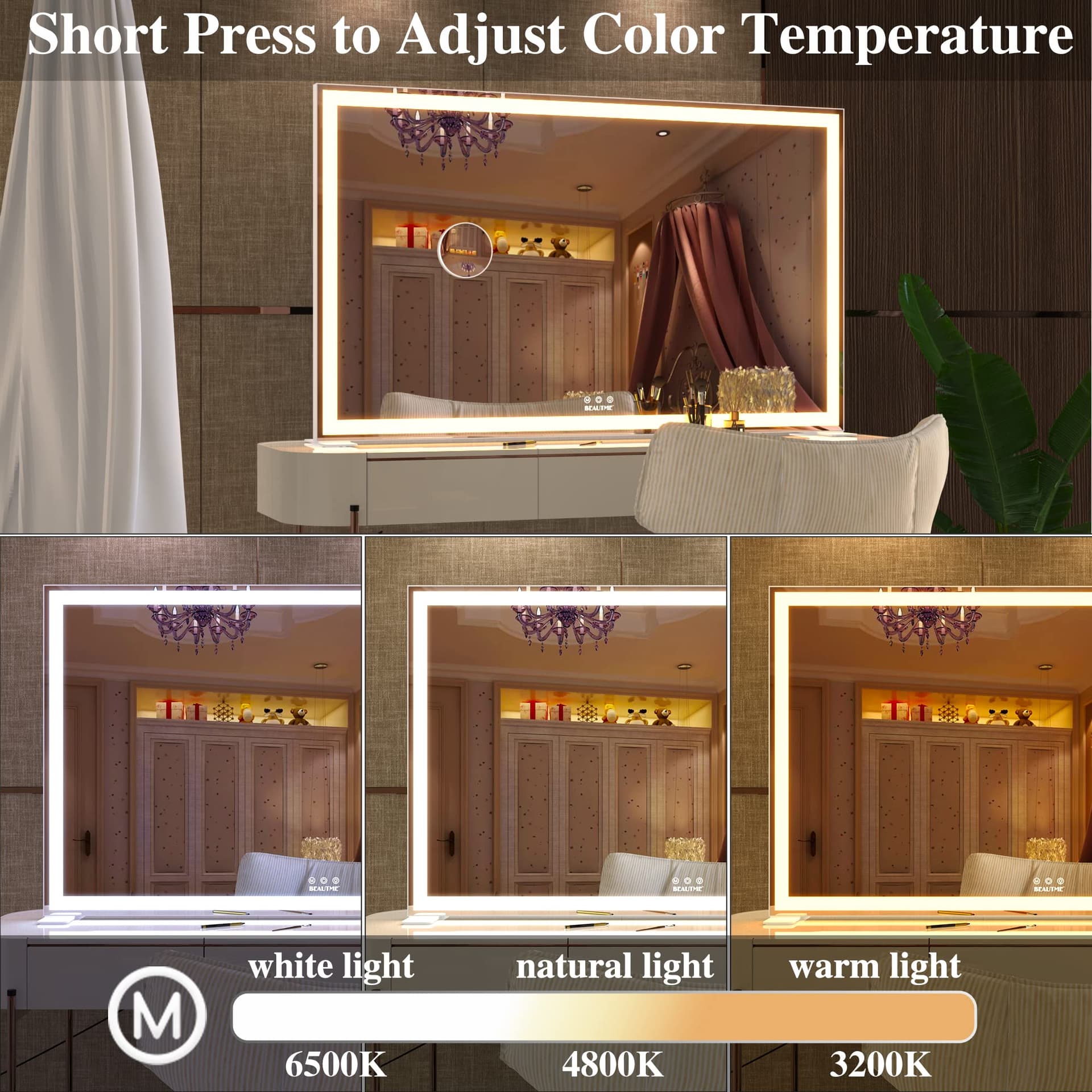 Vanity Mirror with Lights, Lighted Makeup Miror with Adjustable LED Light, Light up Mirror for Makeup Touch Control 3 Colors, 101.6 * 61.8cm, White thumbnail 5