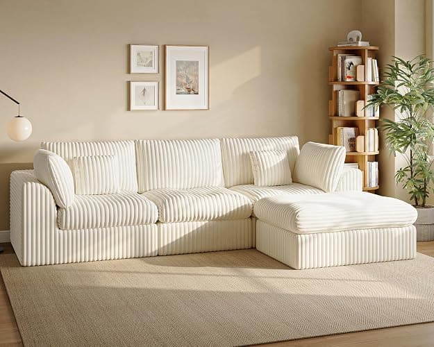 Comkei 116” Boneless Sectional Couch Modular Cloud Sofa with Ottoman for Living Room Deep Seat Corduroy Couches for Apartment Warm White - Image 1