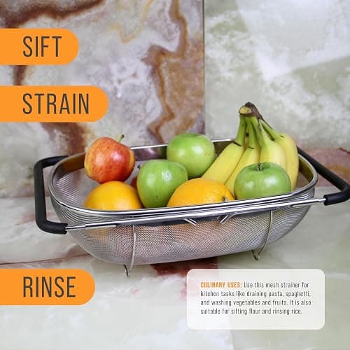 U.S. Kitchen Supply Stainless Steel Colander Strainer - 6-Quart Collapsible Colander with Expandable Rubber Handles - Rectangular Sieve, Fine Mesh Stainless Steel Strainers and Colanders for Kitchen thumbnail 7
