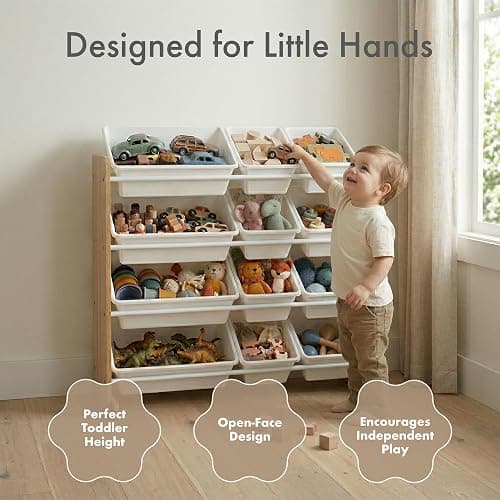 Humble Crew Kids Toy Organizer with 12 Bins, 4 Tier Storage for Playroom | Sturdy wood and steel toddler shelf, removable BPA-free containers, wall anchor anti-tip safety kit for bedroom or classroom thumbnail 4