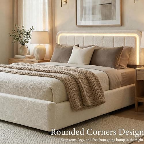 Yechen Cloud Full Size Bed Frame with Adjustable Headboard, Boucle Upholstered Bed Frame with LED Light, 4 Storage Drawers, Soft Curved Corners, No Box Spring Needed, Easy Assembly, Beige thumbnail 7