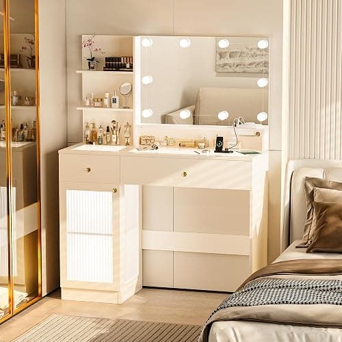 INNOD 40" Vanity Desk with Large Mirror and Lights, Modern Glass Top Makeup Vanity Set with Power Outlet, Drawers and Cabinet, 3 Lighting Color Adjustable Dressing Table for Bedroom,White thumbnail 9