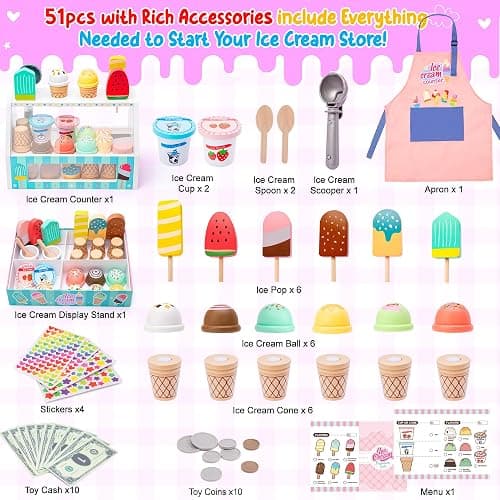 Meland Ice Cream Toy - Wooden Ice Cream Play Set with Aprons, Pretend Play Toys with Play Food, Wooden Play Store Toys for Toddlers, Kids Toys & Gift for Girls Boys Age 3 4 5 6 7 Years Old thumbnail 7