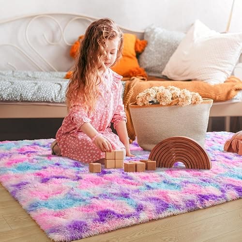 Tepook Soft Rainbow Rug for Girls Room, Cute Fluffy Girls Bedroom Rugs, 4x6 Feet Shaggy Princess Rug Colorful Carpet for Kids Teens Toddler Playroom Nursery Reading Nook, Hot Pink thumbnail 5