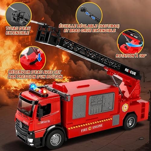 BuntWunder Gros Camion Pompier Enfant, Voiture de Pompier avec Sonore, Lumineux et éChelle Pivotante de Extensible, Construction Véhicule Jouet avec Pulvérisation d'eau, Cadeau Enfant 3 4 5 6 7 8 Ans thumbnail 6