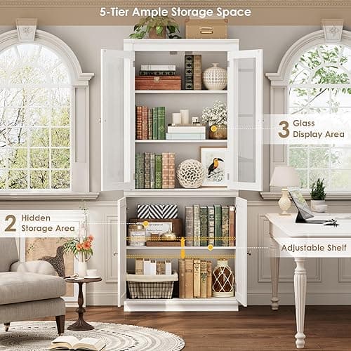 FACBOTALL 71.3'' Tall Bookcase with Glass Doors, Farmhouse Book Shelf with Adjustable Shelf, Tall Bookshelf with Storage, Bookshelves and Bookcases with 5 Tier Display Storage for Living Room, White thumbnail 6