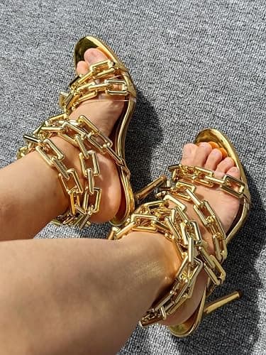 Frankie Hsu Luxury Women's Ankle Leg Lace Up Shinny Gold Link Chain Clear PVC Strappy Stilettos Round Toe High Heeled Mules Sandals thumbnail 3