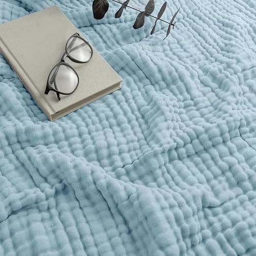 SHINROAD Manta de muselina transpirable y cómoda para verano, manta ligera de algodón para cama, sofá, viajes, vacaciones, fácil cuidado, lavable a máquina, versátil, color azul, 100 cm thumbnail 2