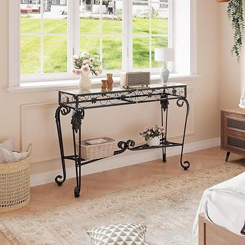 HavenlyYouth Console Table 47.2", Tempered Glass Sofa Tables, Vintage Entryway Table with Metal Frame, Console Tables for Living Room, Entrance, Foyer, Adjustable Feet (Black) thumbnail 6