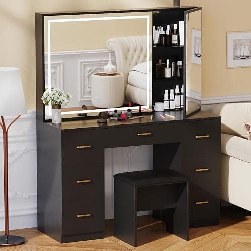 Jartoil Vanity Desk with Large Mirror and Lights, Black Makeup Vanity with 7 Drawers, Adjustable Brightness Vanity Table with Glass Door Cabinet, Modern Vanity Set with Stool for Bedroom - Image 1
