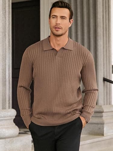 Hardaddy Men's Ribbed Knit Sweater Casual Long Sleeve Polo Sweater Collared V Neck Polo Shirts Solid Pullover Tops thumbnail 3