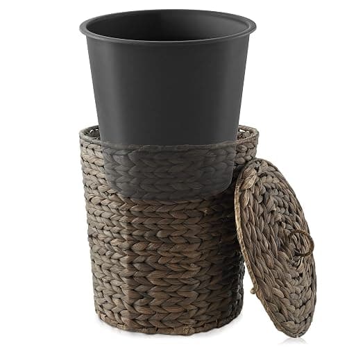 Casafield Water Hyacinth Trash Can with Lid and Liner - Espresso, Woven Waste Basket for Bathroom, Bedroom, Laundry Room, Home Office thumbnail 3