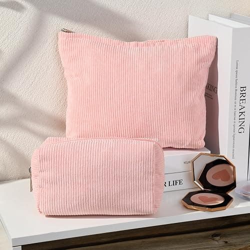 SOIDRAM 2 Pieces Makeup Bag Large Corduroy Cosmetic Bag Capacity Canvas Mix Travel Toiletry Bag Organizer Cute Makeup Brushes Aesthetic Accessories Storage Bag for Women, Corduroy Mix Pink thumbnail 4