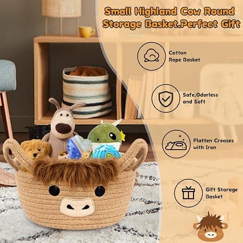 Hkojewp Highland Cute Cow Basket for Nursery, Small Shower Gift Basket, Round Woven Rope Cotton Storage, Baby Blanket 0rganizer with Ears Handles, Blanket Towel Decor Storage Bins, 10.7"D x 4.4"H in thumbnail 4