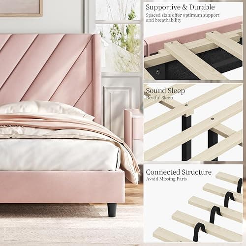 Yaheetech Queen Bed Frame Upholstered Platform Bed with Wing Side/Wooden Slat Support/Tufted Headboard with Wing Side/Mattress Foundation/No Box Spring Needed,Pink Queen Bed thumbnail 8