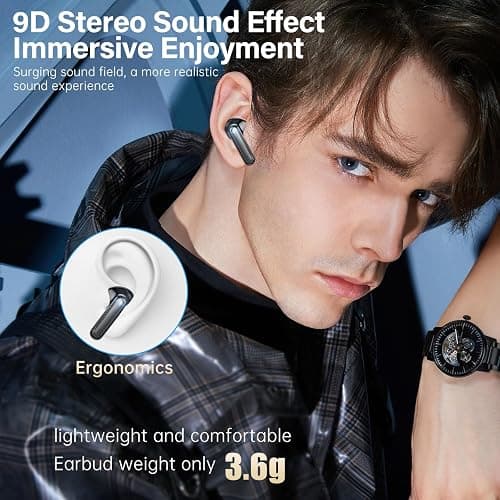 Fhumsh Wireless Earbuds, Bluetooth 5.3 Headphones HiFi Stereo 50H Playback LED Digital Display Ear Buds with ENC Noise Canceling Headset, IPX7 Waterproof Earphones for Gym/Running/Work (Black) thumbnail 5