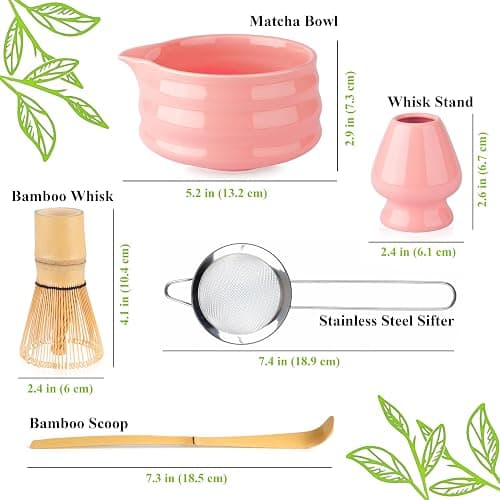 Marce Matcha Whisk Set- Matcha Set includes Matcha Whisk and Bowl with Spout, Sifter, Holder and Scoop- The Perfect Bamboo Whisk for Matcha Tea (Pink) thumbnail 2
