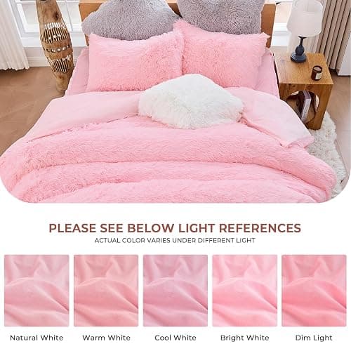 Sasttie 3-Piece Fluffy Duvet Cover Queen, Ultra Soft Faux Fur and Velvet Pink Comforter Cover, Luxury Fuzzy Bedding Sets for Winter Bed, Includes 1 Duvet Cover and 2 Pillowcases, No Comforter thumbnail 9