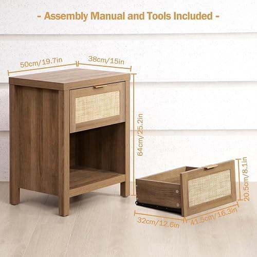 SICOTAS Rattan Nightstands Set of 2 - Farmhouse Night Stand with Drawer and Storage Shelf - Boho Bedside Table End Side Table for Bedroom, Oak thumbnail 3
