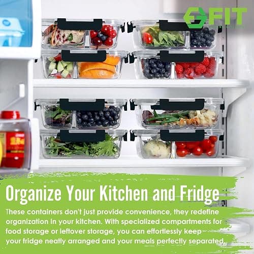 FIT Strong & Healthy Glass Meal Prep Containers, 2 & 3 Compartments – 32 oz Glass Containers with Lids, Food Storage with Black Lids, Oven & Freezer Safe, Leak-Proof Bento Box Adult, 4 Pack thumbnail 3