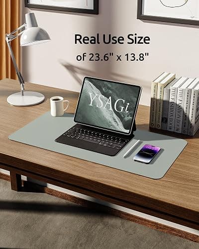 YSAGi Leather Desk Protector, Office Mat, Large Mouse Mat, Non-Slip PU Leather Blotter, Laptop Pad, Waterproof Writing Pad for Office and Home (Grayish Green, 23.6" x 13.8") thumbnail 5
