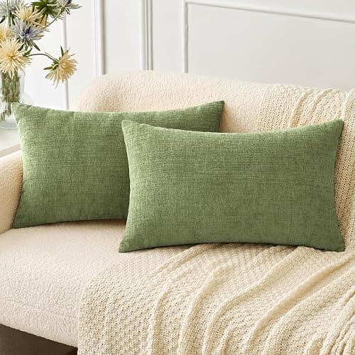 MIULEE Soft Chenille Lumbar Throw Pillow Covers Sage Green 12x20 Pack of 2 | Modern Home Decor, Classic Decorative Pillows, Solid Dyed Cases, Boho Couch Cushion Covers for Sofa Bed Living Room - Image 1