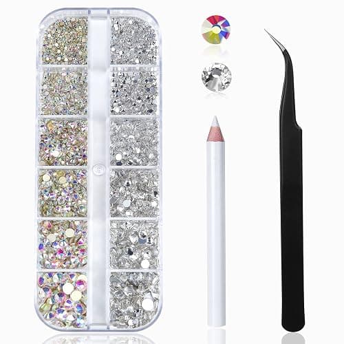 Nail Art Rhinestones Kit HUETFAT 2400pcs Nail Gems Ab Flatback Rhinestones Gems Stones, with Storage Organizer Box/Wax Pencil/Tweezers 6 Sizes (1.5-4.5 mm) for Nail Art Craft (2400pcs) - Image 1