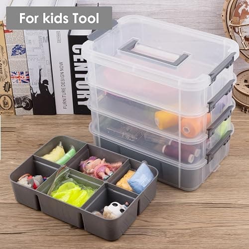 CraftGenes Craft Organizers and Storage, 4-Tier 10 Qt Box, 2 Trays, Grey | Clear Compartments; Dual Removable Inserts; Carry Handle; Side Latches; Beads, Ribbon, Stamps, Scrapbook Pieces, DIY Tools thumbnail 8
