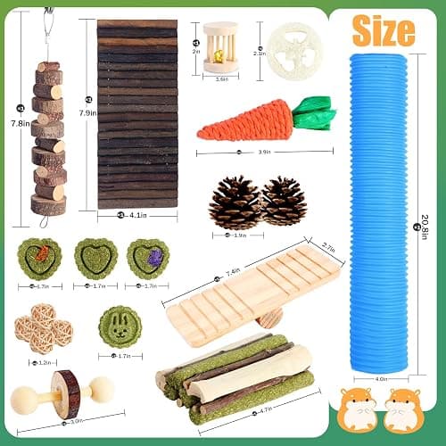 Kyouki Hamster Toys Guinea Pig Toys Set with Tunnel, Chewable Apple Wood & Natural Timothy Hay - Enrichment Chew Toys for Small Animals - 24+ Cage Accessories for Teeth Care & Boredom Relief (Blue) thumbnail 3