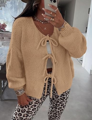 PRETTYGARDEN Women's Tie Front Bow Cardigan Sweaters Chunky Knit Long Puff Sleeve Trendy Fall Winter Jacket Coats thumbnail 7