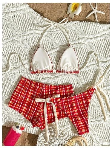 SweatyRocks Women's Plaid Print Halter String Bikini Set 3 Piece Swimsuit with Cover Up Shorts thumbnail 2