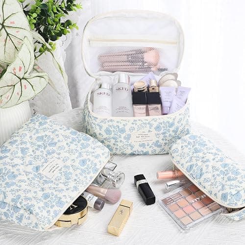senbowe Floral Makeup Bag, 3 Pack Large Cotton Quilted Makeup Bag Set, Cute Floral Coquette Aesthetic Toiletry Bag Make Up Cosmetic Bag for Women, Toiletry Travel Make Up Organizer Bag thumbnail 5