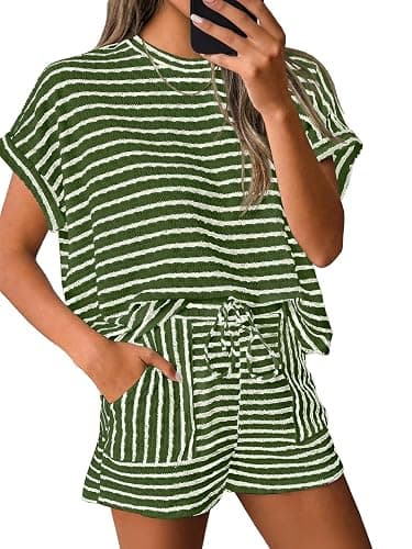 Tankaneo Womens Striped Summer 2 Piece Short Sets Short Sleeve T Shirts Drawstring Shorts Casual Outfits Lounge Pajama Sets - Image 1