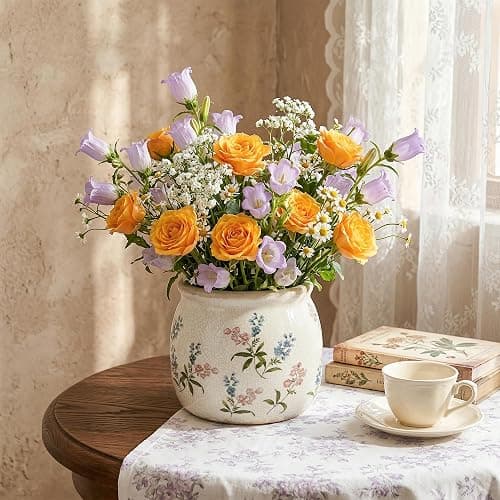 DREAMLOOM Vintage Ceramic Planter for Indoor Plants,6.1" Ice Crack Cottage Scroll Vase Tuscan Decor Flower Pots with Drainage Holes Home Kitchen Farmhouse Antique Decorative Gift (Red-Round) thumbnail 7