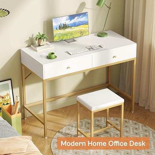 SUPERJARE 35.4" White and Gold Desk with 2 Drawers, Modern Makeup Vanity with Padded Stool, Small Computer Desk Home Office Desk for Writing Study Bedroom thumbnail 7