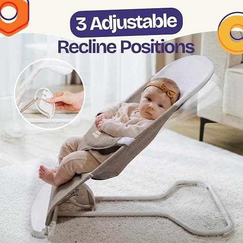 ComfyBumpy Portable Baby Bouncer, Organic Cotton, 3-Position Recline | Breathable Mesh Sides, 8-20 lbs Babies, Foldable Design, 3-Point Harness, Travel Carry Case (Taupe) thumbnail 7