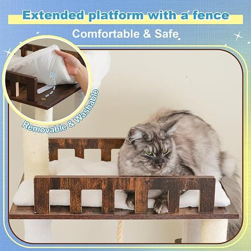 Hey-brother Wooden Cat Tree, 69.7 inch Cats Furniture Tower with Large Platforms, Hammocks, Spacious Condo, Full Sisal Scratching Posts, Ladder, Brush, Water Proof Surface, Rustic Brown MPJ121SR thumbnail 3