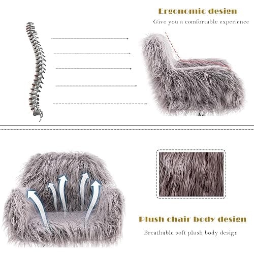 KCC Fluffy Office Desk Chair, Faux Fur Modern Swivel Armchair with Wheels, Soft Comfy Fuzzy Elegant Accent Makeup Vanity Chairs for Women Girls, Home Living Dressing Room Bedroom, Gray thumbnail 5