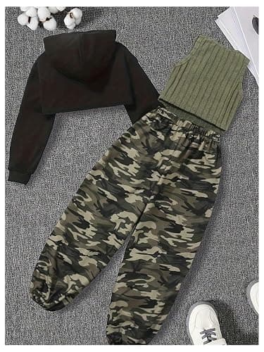 MakeMeChic Girl's 3 Piece Outfits Long Sleeve Cropped Hoodies and Camo Print Sweatpants Set thumbnail 2