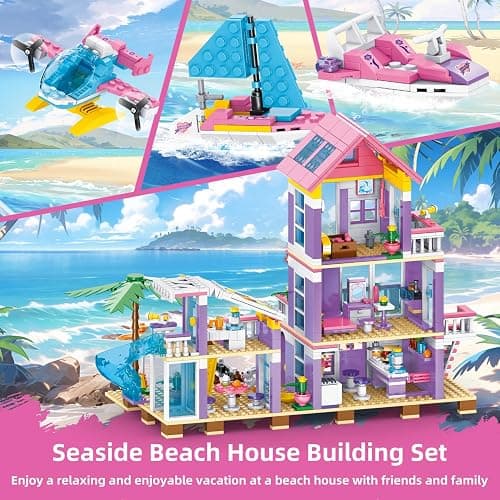 WINGIFT 955 Piece Beach House Building Set,Seaside Beach Villa Building Toys Friends Vacation Hut Blocks Set,STEM BuildingToys with Helicopter,Yacht,Sailboat,Christmas Birthday Gift for Girl Age 6-12+ thumbnail 4