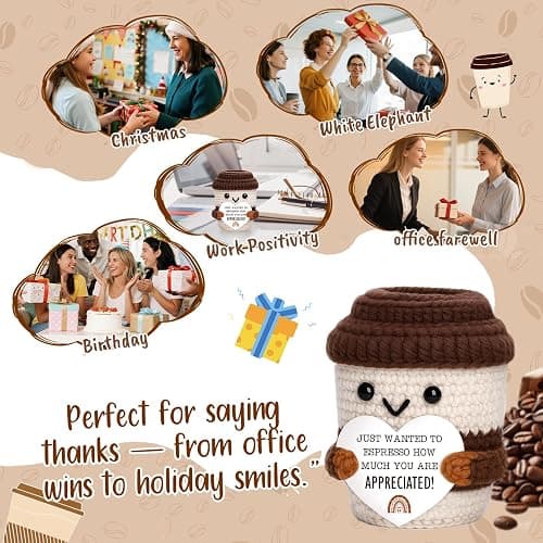 OCCdesign Mini Appreciation Gift for Women Men Coworkers Teachers Boss Nurses Handmade Crochet Coffee Cup Thank You Gift for Friends Roommates Staff Employees Volunteers Birthday Office Desk Decor thumbnail 6