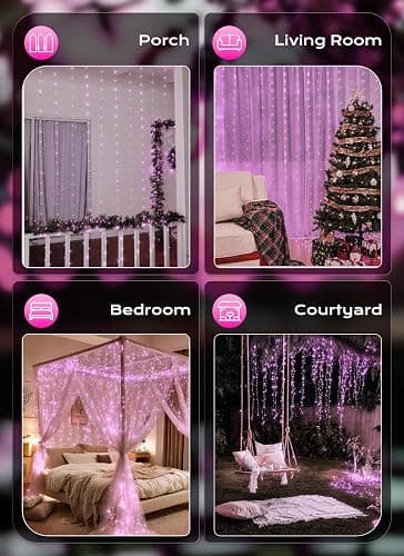 Brightown 300 LED Pink Fairy Curtain Lights, 9.8ft x 9.8ft String Lights | USB Plug in 8 Lighting Modes Christmas String Hanging Lights with Remote for Bedroom Indoor Outdoor Xmas Valentine's Day thumbnail 7