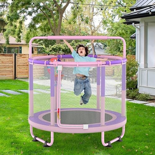 LANGXUN 60" Trampoline for Kids, 5ft Toddler Mini 6-in-1 Trampoline Indoor Outdoor with Swing, Basketball Hoop, Dart Board, Gymnastics Bar, Rings, Christmas Toys Birthday Gifts for Girls Boys Age 1-8 thumbnail 8