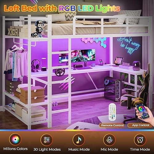 Itaar Twin Loft Bed with L-Shaped Desk, LED Lights and Charging Sation, Loft Bed Twin Size with 3-Tier Storage Shelves and Clothes Rail, Safety Guard & Ladder, No Box Spring Needed, White - White thumbnail 8