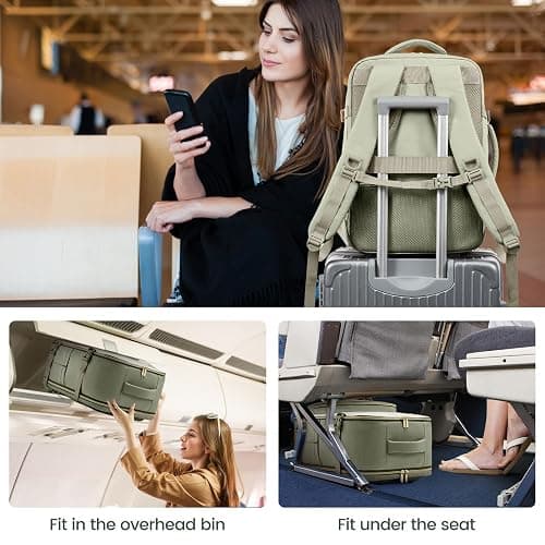 LOVEVOOK Travel Backpack For Women,40L Carry On Backpack Flight Approved,TSA Personal Item Travel Bag Fits 17 Inch Laptop,Business Weekender Overnight Daypack with Back Pad and Chest Buckle,Cubes - Green and White - 17.3 Inch-40L-4Pcs thumbnail 7