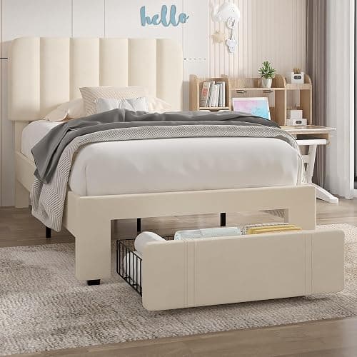 VECELO Twin Size Upholstered Bed Frame with Drawer and Headboard, Velvet Platform Storage Bedframe, Wooden Slats Support, No Box Spring Needed,Bone Beige - Image 1